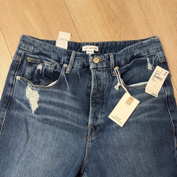 Good American Women’s Good Boy Double Slit Jeans Raw Hem Button Fly Blue Size 10 - Picture 7 of 9